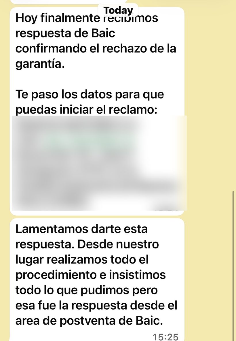 Mensaje confirmando que el área de postventa de BAIC rechazó la garantía