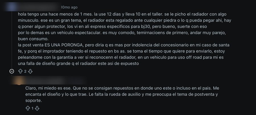 Comentario público en Reddit de un dueño de BAIC BJ30 sobre el radiador expuesto y la mala postventa