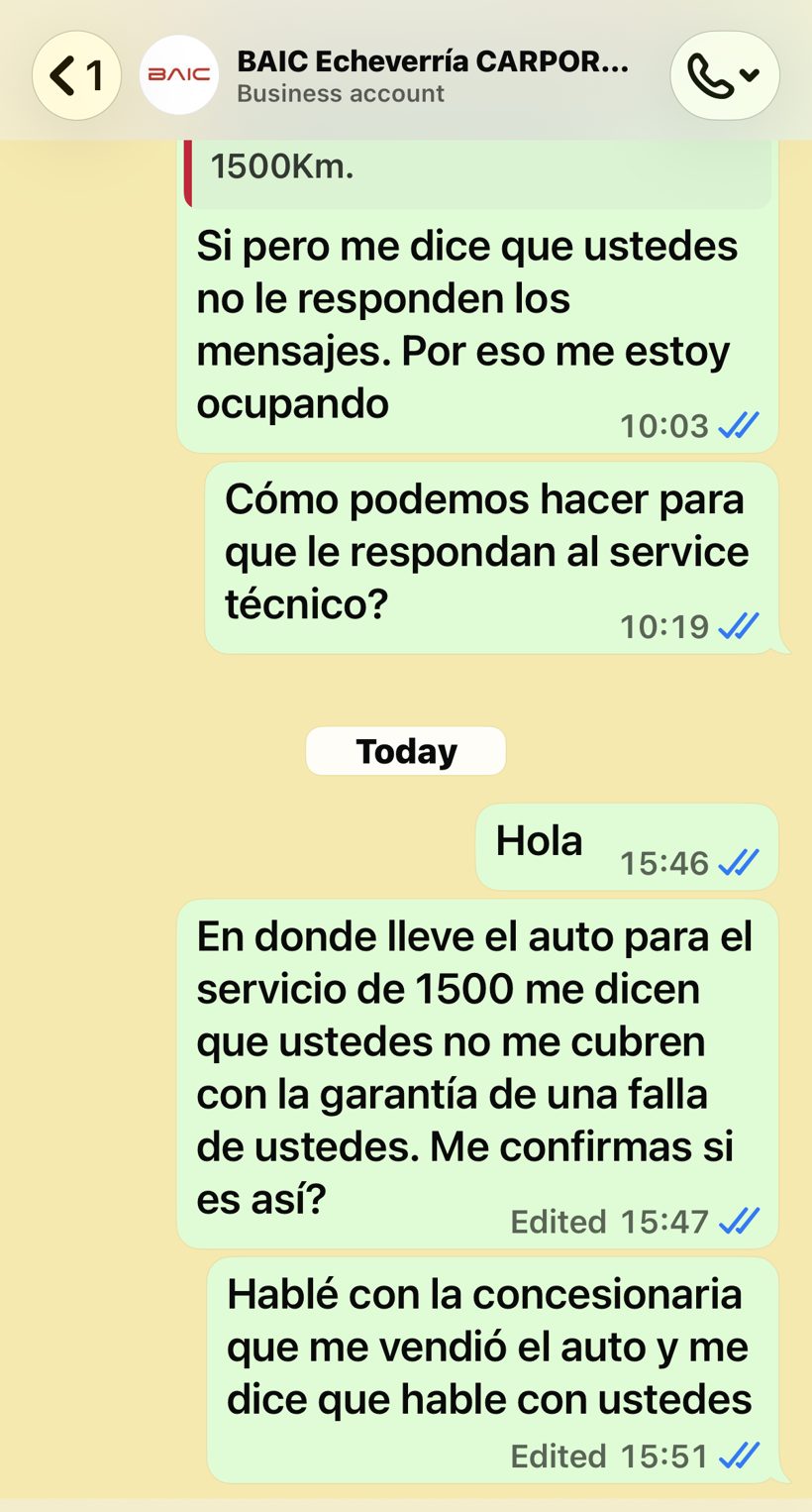 Reclamo a la cuenta oficial de BAIC preguntando por la garantía, sin respuesta